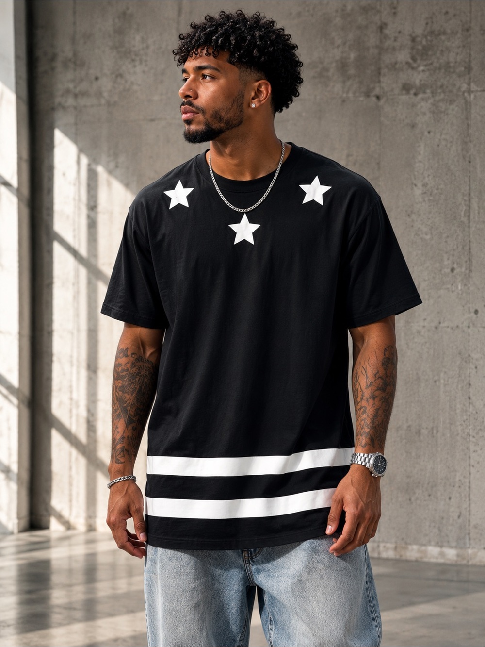 JACKSON Black Tee with White Stars & Stripes Accent